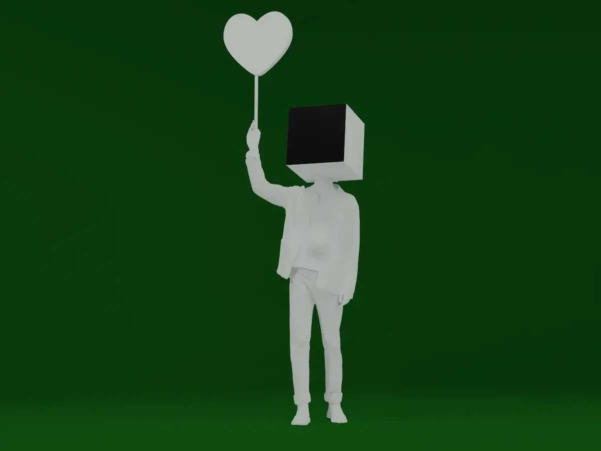 Cubehead mit Herzschild in der Hand